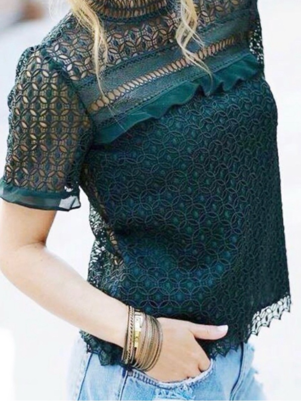 Zara Emerald Green Guipure Lace Mock Neck Ruffle Trim Blouse Shirt Size S